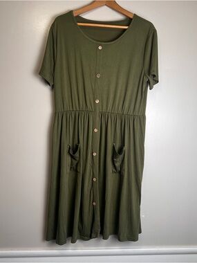 Olive Green Cotton Blend Casual Dress w/Pockets, Button Detail Size 2XL, EUC